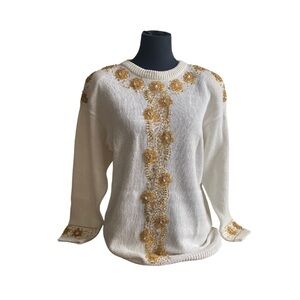 VINTAGE 80s BEADED TUNIC SWEATER FLORAL GOLD GLAM BOHO CHIC HEAVILY EMBELLISHED